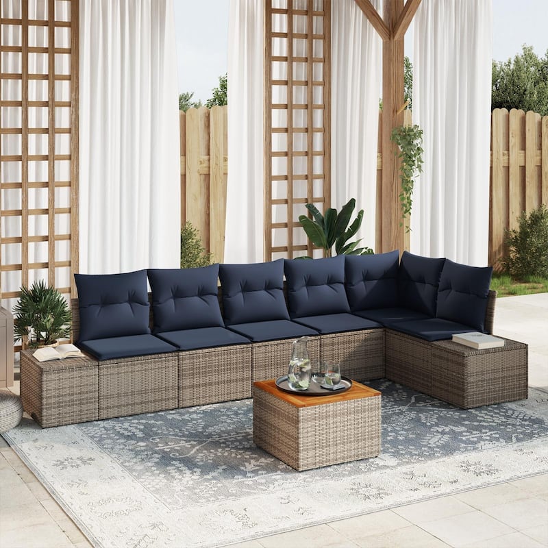 vidaXL 7 Garden Sofa Set with Cushions Black/Grey Poly Rattan - 125.6 x 60.6 x 27.2 - Grey