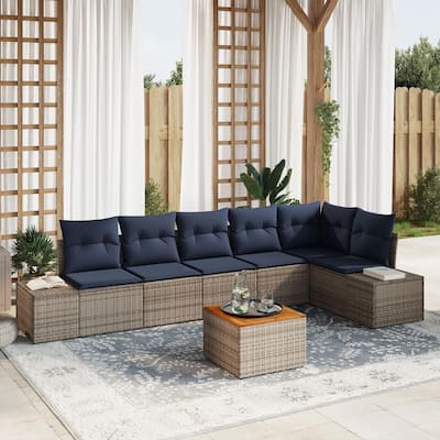 vidaXL 7 Garden Sofa Set with Cushions Black/Grey Poly Rattan - 125.6 x 60.6 x 27.2