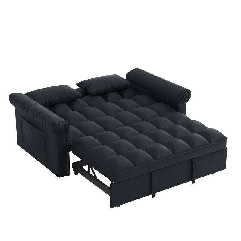 Flannel Sleeper Sofa Bed Loveseat Recliners Couch with Pull-Out Trundle, Adjustable Backrest, Round Arms and Side Pockets