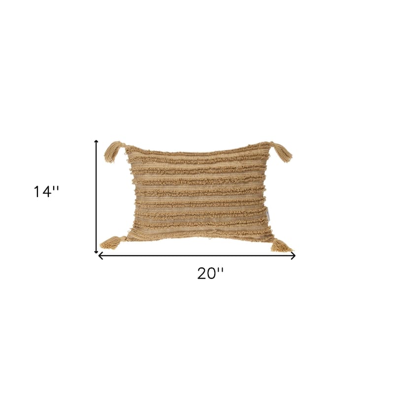 HomeRoots 14" X 20" Beige Striped Cotton Throw Pillow With Tassels