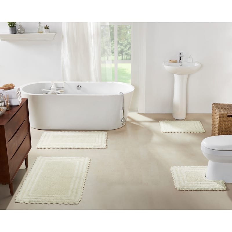 Better Trends Bath Rugs Set 100% Cotton Soft & Water Absorbent Tufted Bathroom Rug for Shower, Sink Bath Mats Lilly Crochet - 4 Piece Set 17"x24" | 20"x20" | 21"x34" | 24"x40" - Ivory