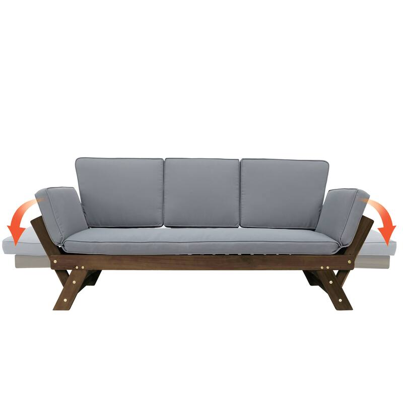 Outdoor Acacia Wood Adjustable Daybed Sofa with Cushions, Expandable Patio Chaise Lounge for Small Spaces, Deck or Balcony