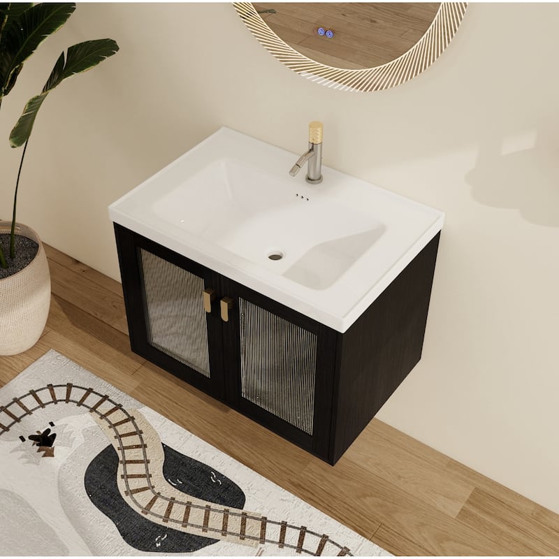 Malwee 28"/32" Floating Bathroom Vanity, Wall Mounted Bathroom Vanity with Ceramic Sink and Soft Close Door