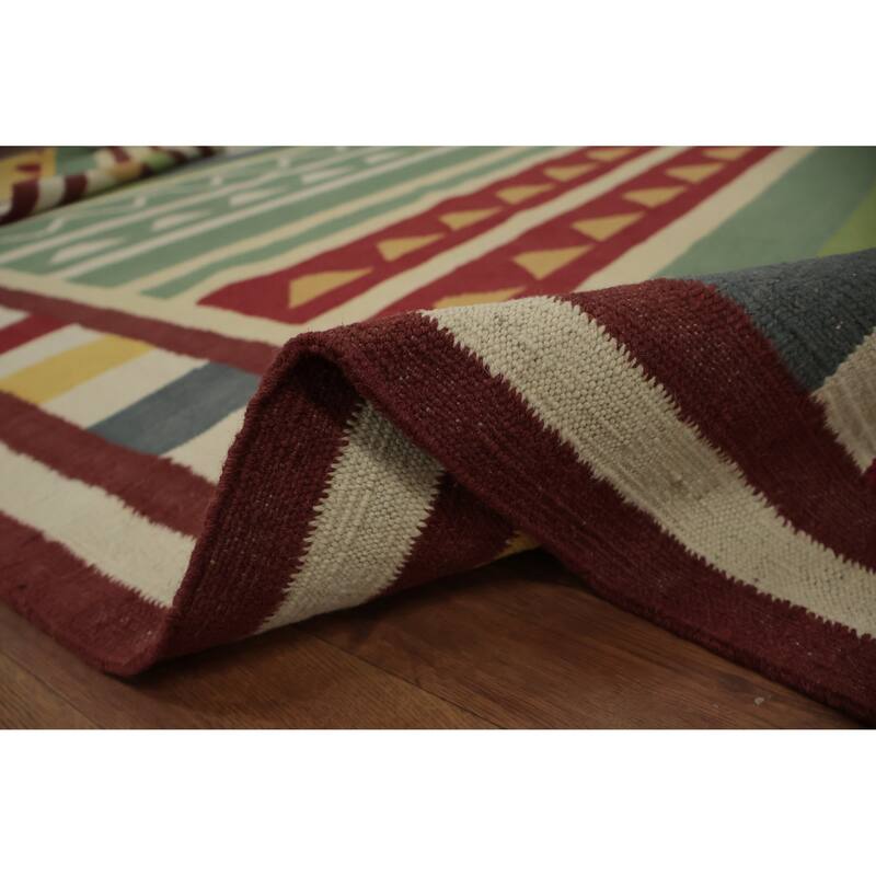 Hand Woven Oriental 100% Wool Carpet Southwestern Tribal Green Kilim Area Rug - 13' 3'' X 9' 9''