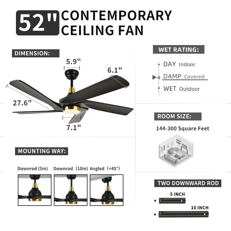 Moasis 52" Modern Remote Control Ceiling Fan with Lights and 5 Solid Wood Blades