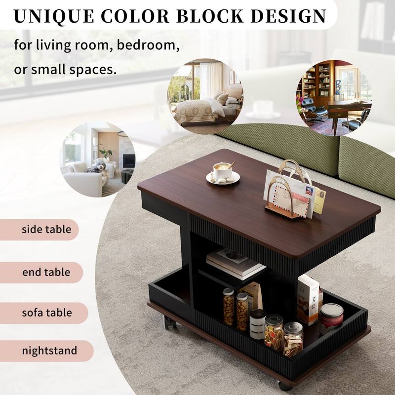 Modern Multifunctional Sofa Side Table with Lift-Top, 360°Rotating Top and Storage Space