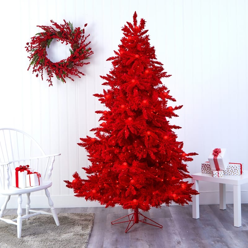 7ft. Red Flocked Fir Artificial Christmas Tree with 500 Red Lights, 40 Globe Bulbs & 1039 Branches - Bold Festive X-Mas Tree