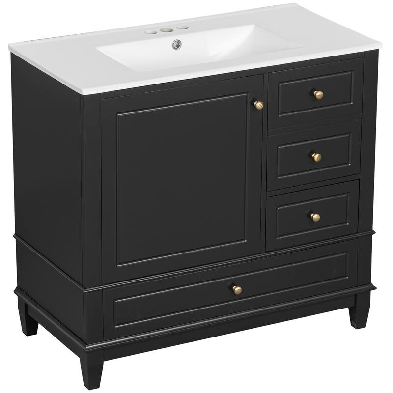 36" Bathroom Vanity with Ceramic Sink - MDF & Solid Wood Base, 3 Drawers & Storage Cabinet, Freestanding Design, 4" Faucet Holes