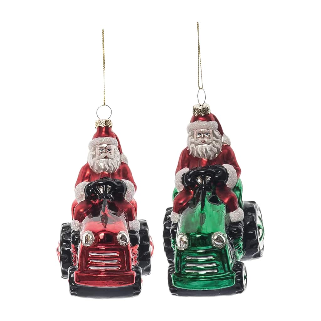 Transpac Glass Santa On Tractor Ornament Set of 2 Christmas Home Decorations - Multicolor