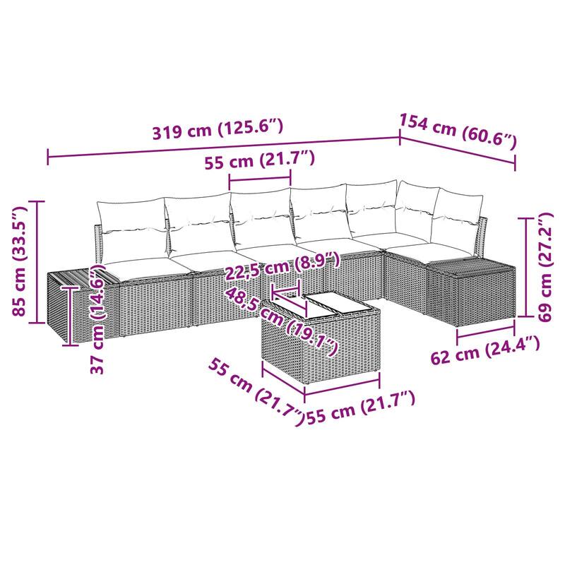vidaXL 7 Piece Garden Sofa Set with Cushions - 125.6×60.6×27.2