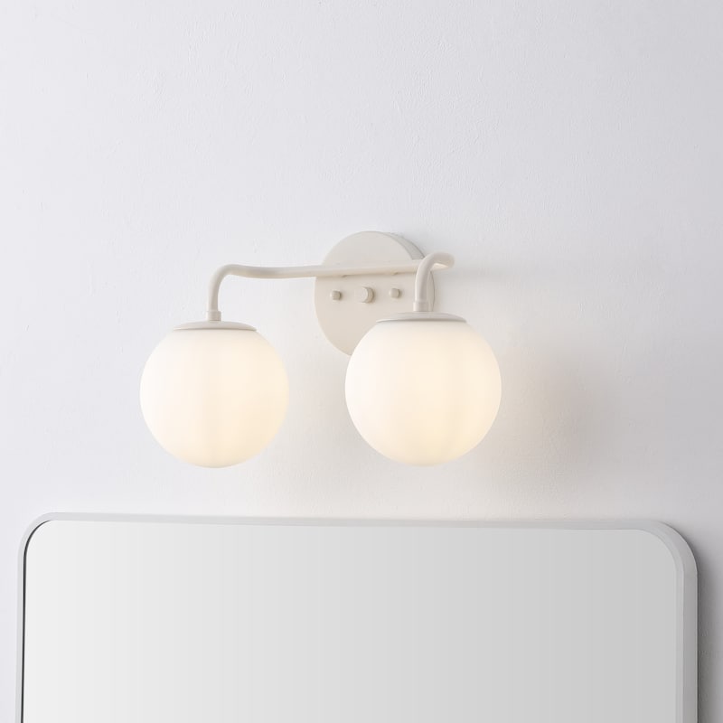 Globe Metal/Frosted Glass Modern LED Vanity, by JONATHAN Y - 2 Bulb - Almond with White Shade