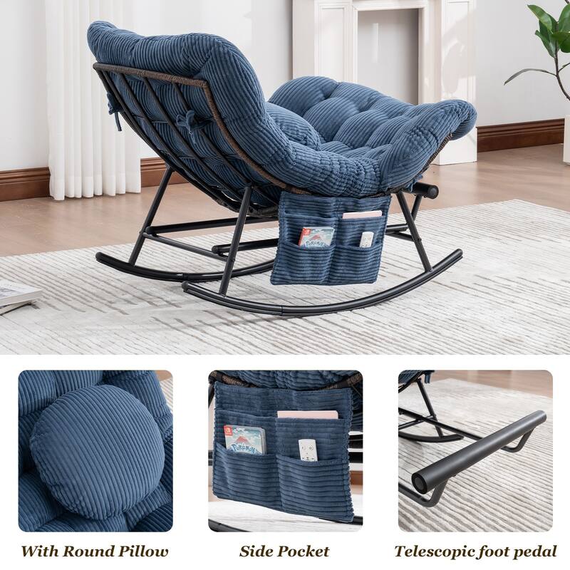 HOMEFUN Corduroy Upholstered Egg Shaped Design Steel Frame Rocking Chair with Side Pocket and Foot Pedal