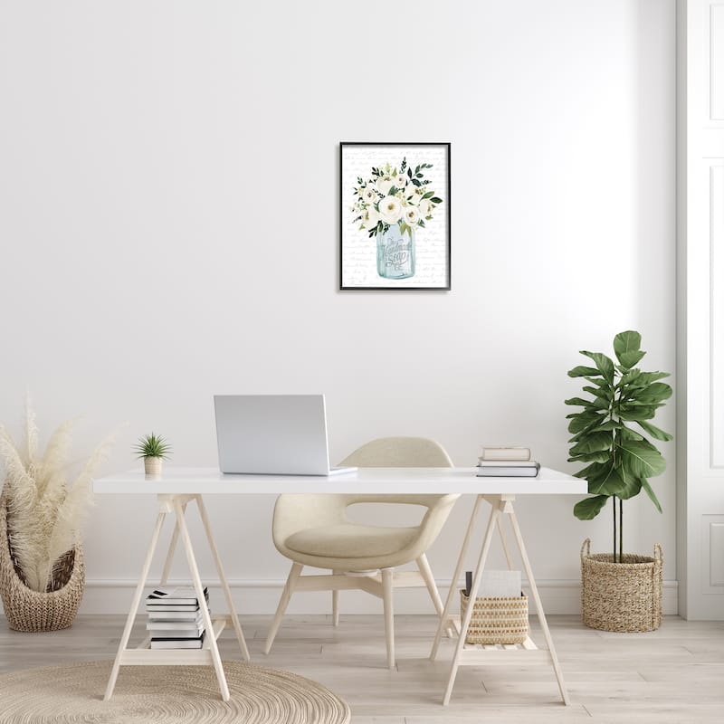 Stupell White Blooms Flower Bouquet Classic Jar Script Framed Wall Art, Design by Lettered and Lined - Off-White