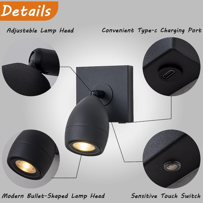 Black Cordless Wall Sconce Rechargeable with Touch & Remote Control, Adjustable and Stepless Dimmable Accent Light(2 Pack) - W5"