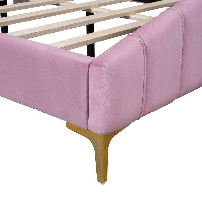 Queen Size Velvet Platform Bed with Metal Bed Leg
