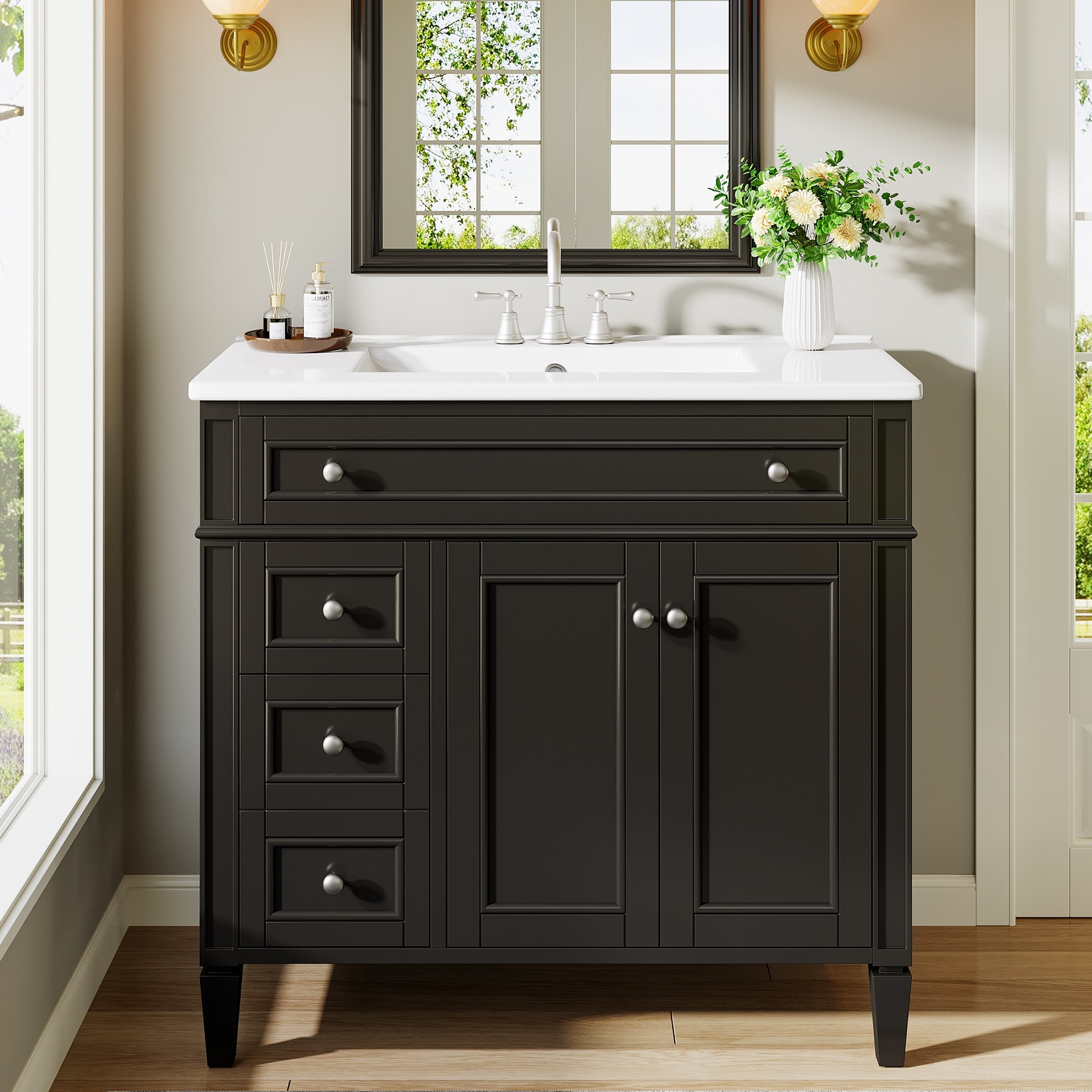 36" Bathroom Vanity with Sink, Modern Bathroom Sink Cabinet with 4 Drawers & 2 Doors, Solid Wood Frame