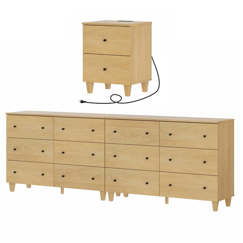 Bedroom 12-Drawer Dresser and Charging Nightstand Set, 94.4" Wide - Oak - 2 Piece