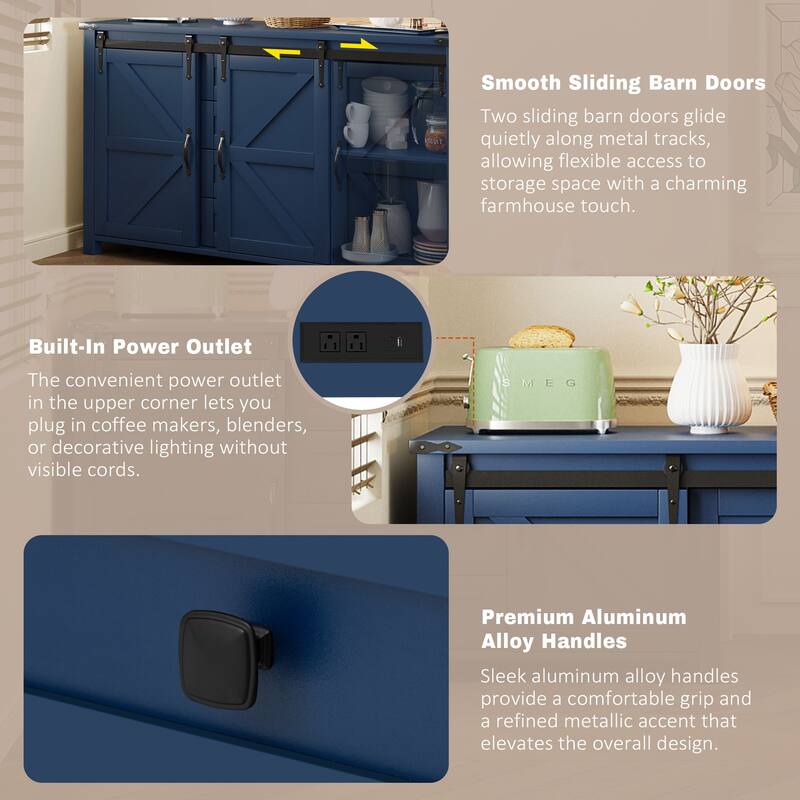 Farmhouse Sideboard Cabinet with Sliding Barn Doors, Power Outlet & 4 Drawers by Harper&Bright Designs
