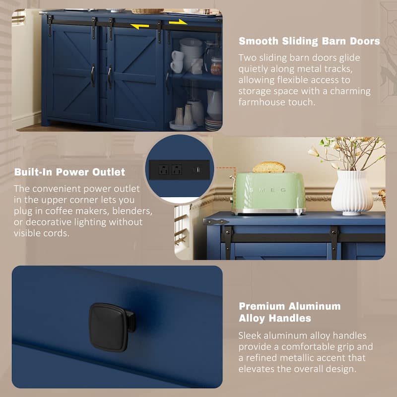 Sideboard with Sliding Barn Doors & 4 Storage Drawers, Wood Buffet Cabinet Table with Power Outlet & Adjustable Shelves