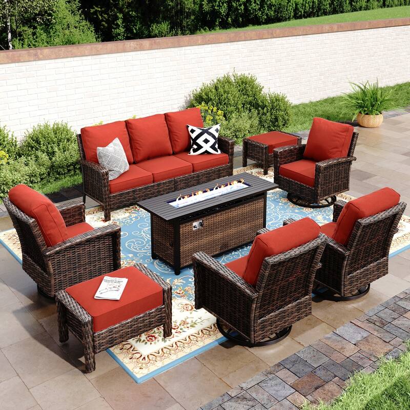 MAISON ARTS Patio Wicker Sofa Conversation Set with 50,000 BTU Fire Pit Table , Oversize Seat with 5.5'' Thick Padded Cushion - 9-Seats - Red