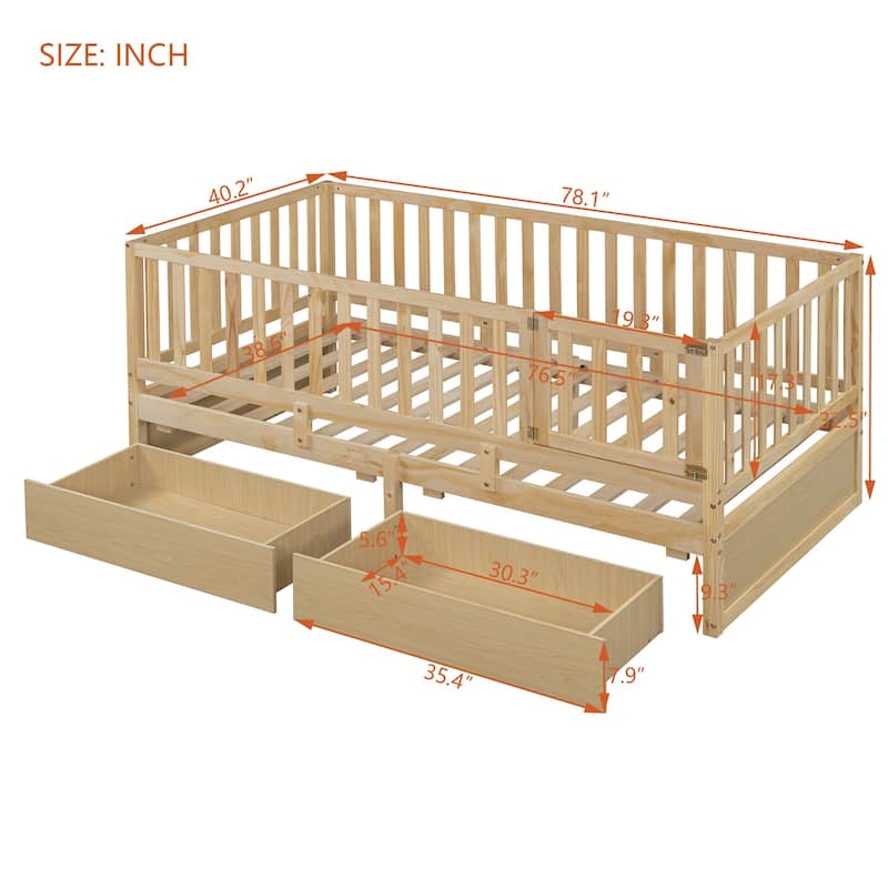 Twin Size Convertible Wood Daybed & Floor Bed with Fence Guardrails and 2 Drawers