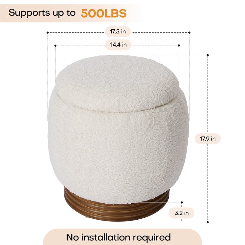 Round Storage Pouf Ottoman Footstool with Flip-top and Acacia Frame