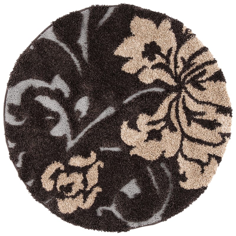 SAFAVIEH Florida Shag Kristrin Floral 1.2-inch Thick Rug - 4' Round - Dark Brown/Smoke