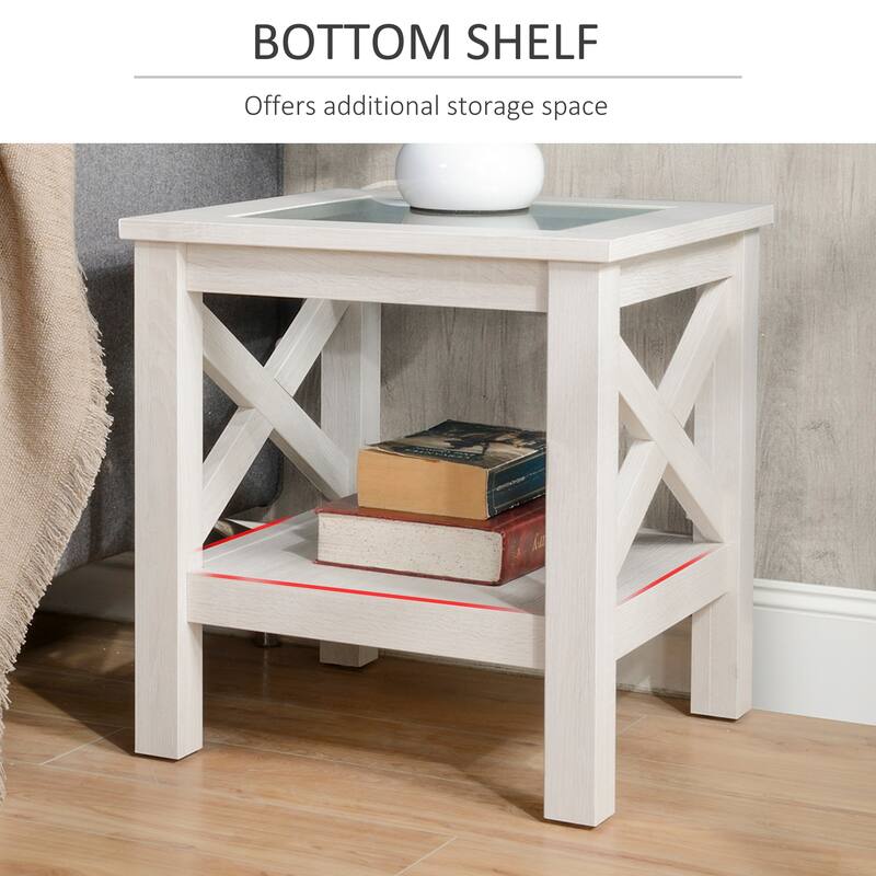Modern White Oak Coffee Table with Tempered Glass Top and Storage Shelf X-Frame Design - 17.75'' L x 17.75'' W x 19'' H