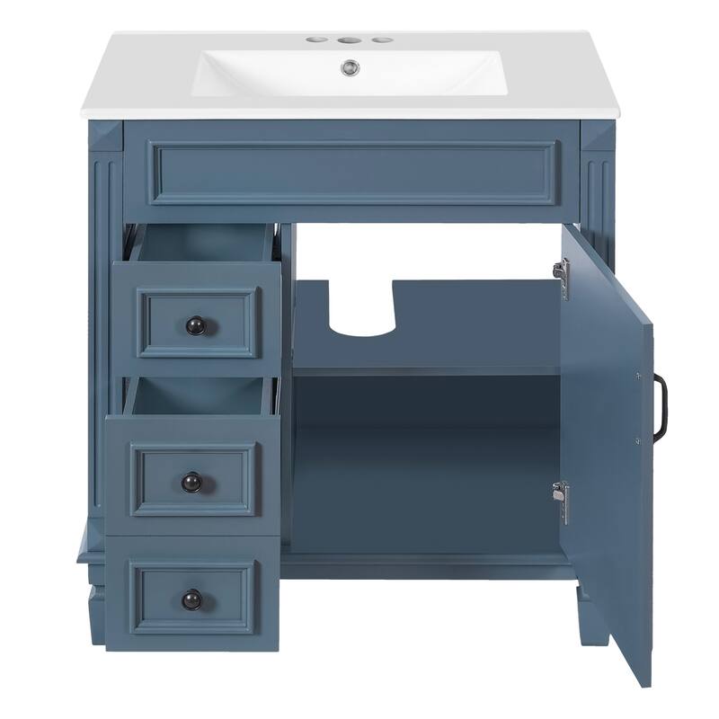 Roomfitters 30" Bathroom Vanity with Ceramic Sink, Storage Cabinet with Drawers and Adjustable Shelf, Blue Bathroom Cabinet