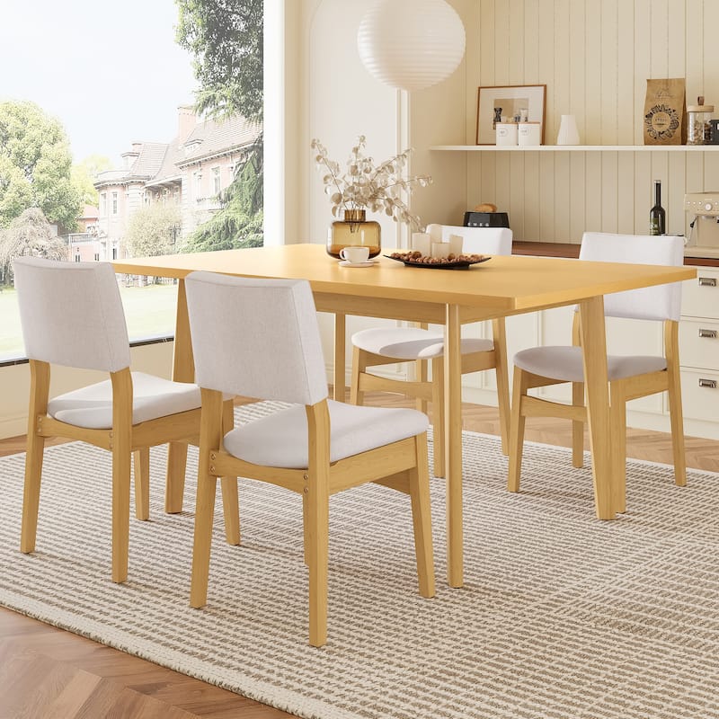 Rossetta 5-Piece Modern Dining Set with Rectangular Natural Wood Finish Table and Upholstered Linen Chairs - Natural