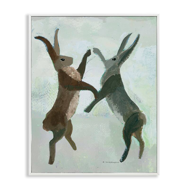 Stupell Boxing Hares in Neutral Tones Framed Giclee Art Design By Kay Widdowson - 11 x 14 - White