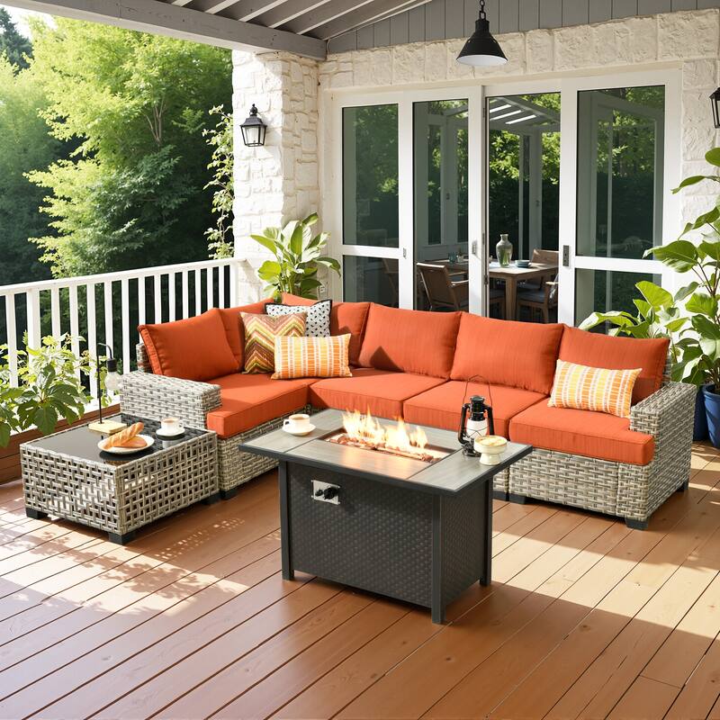 OVIOS 7 Pieces T shaped Seat Wide Armrest Set With Solar-Powered Coffee Table&Fire Pit - Red/Orange