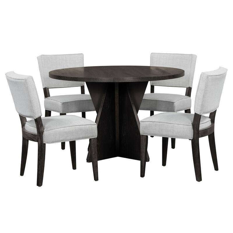 5 Piece Wood Round Dining Table Set with 4 Upholstered Chairs