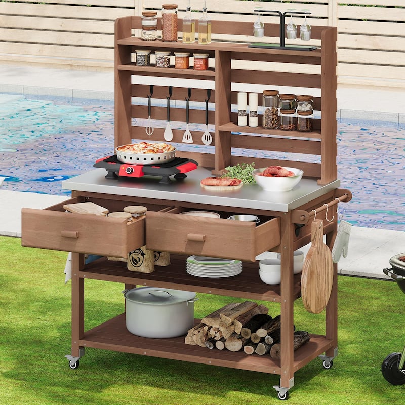 Outdoor Potting Bench Table with Lockable Wheels Solid Wood Kitchen Island and Stainless Steel Top