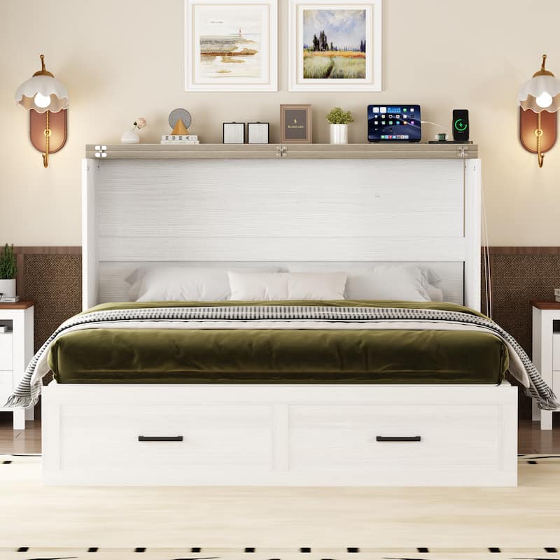Farmhouse Murphy Bed Platform Bed Hidden Cabinet Bed Wood Foldable Bed with Side Charging Station and Large Storage Drawer