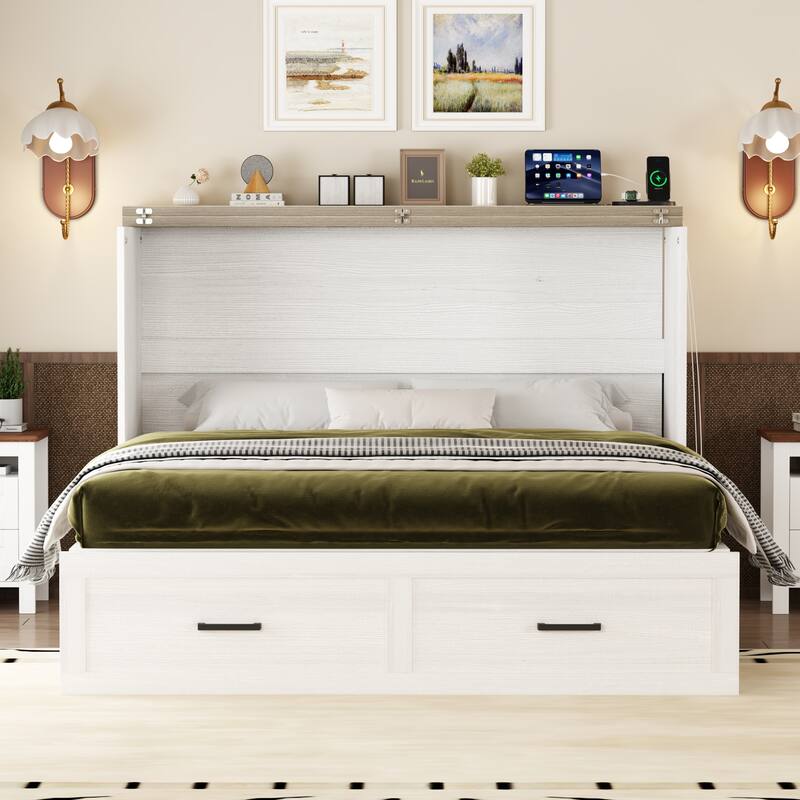 Queen Size Farmhouse Murphy Cabinet Bed with Charging Station, Foldable Platform Bed with Large Storage Drawer, White