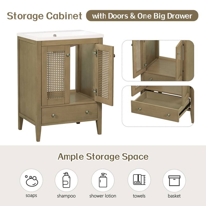 Bathroom Vanity with Ceramic Sink, Bathroom Storage Cabinet with Rattan Doors, Small Bathroom Vanity Set with Drawer