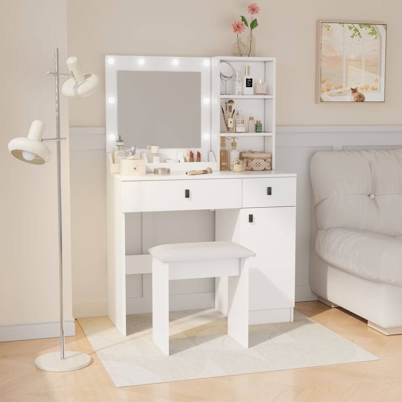 White Makeup Vanity Desk with 3 Brightness Levels, Ample Storage, and Sleek Modern Design for Bedrooms