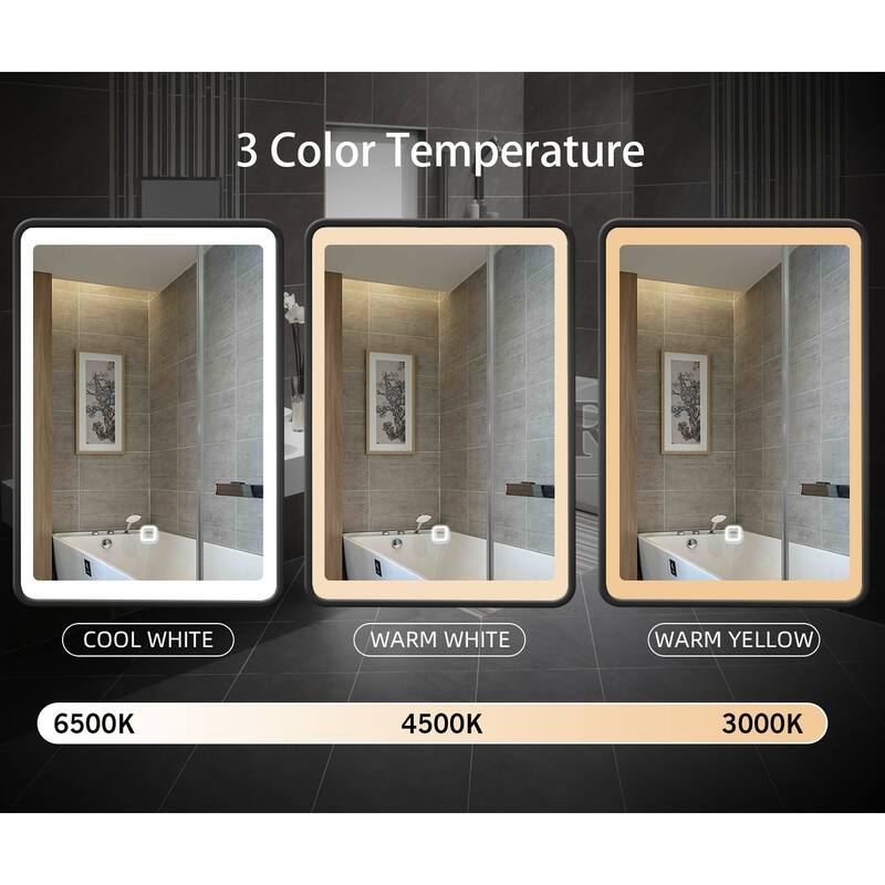 Framed Wall-Mounted Medicine Cabinet with Mirror, 3-Color Temperature LED Lighting, Anti-Fog, Black Iron Powder Material