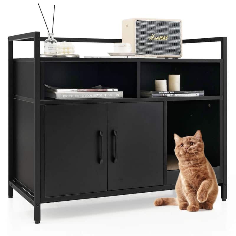 Hidden Cat Washroom with Double Doors and Scratch Cardboard - Black
