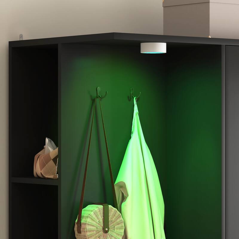 6 Drawers Armoire Wooden Bedroom Wardrobe Closet with Mirrored Door, Storage Shelves and Hanging Rail