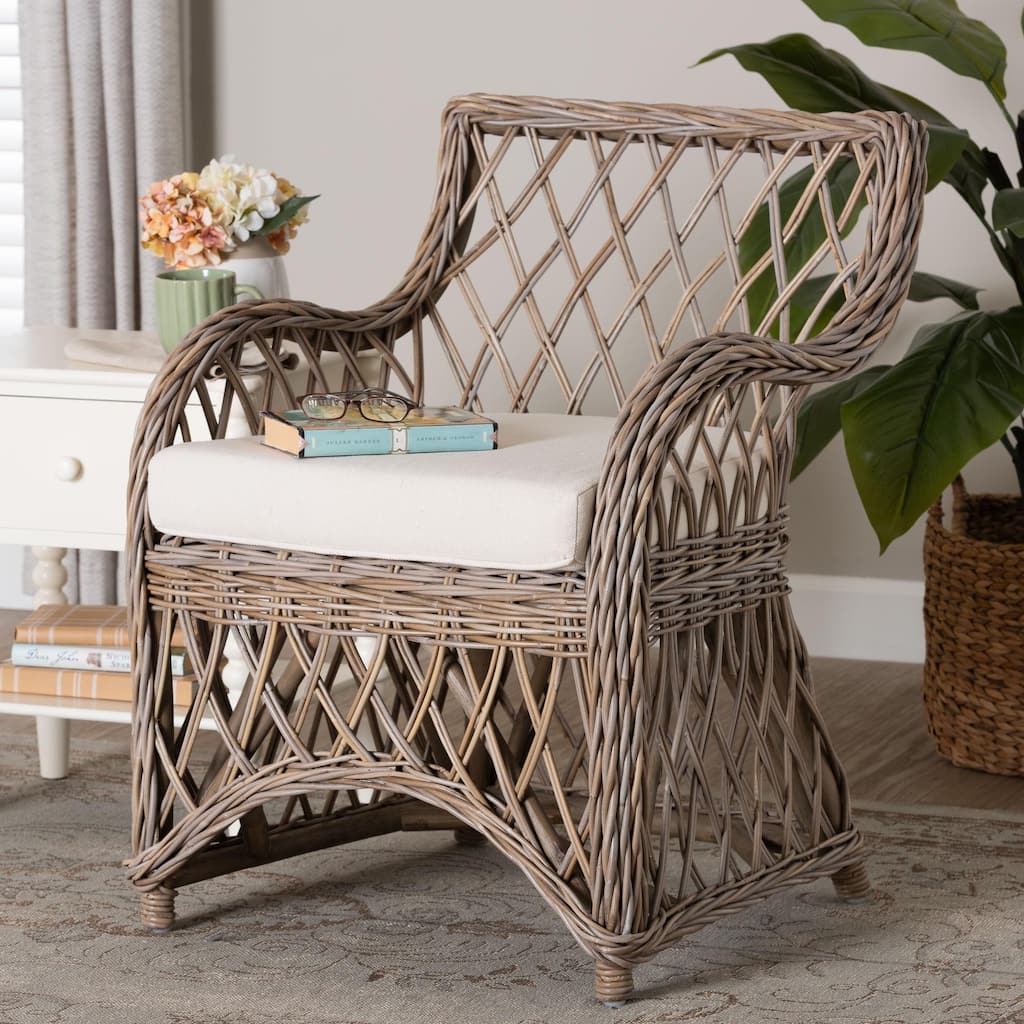 Debra Natural Rattan Armchair - Handwoven Open-Weave Wicker Armchair with Curved Silhouette & Removable Cushion