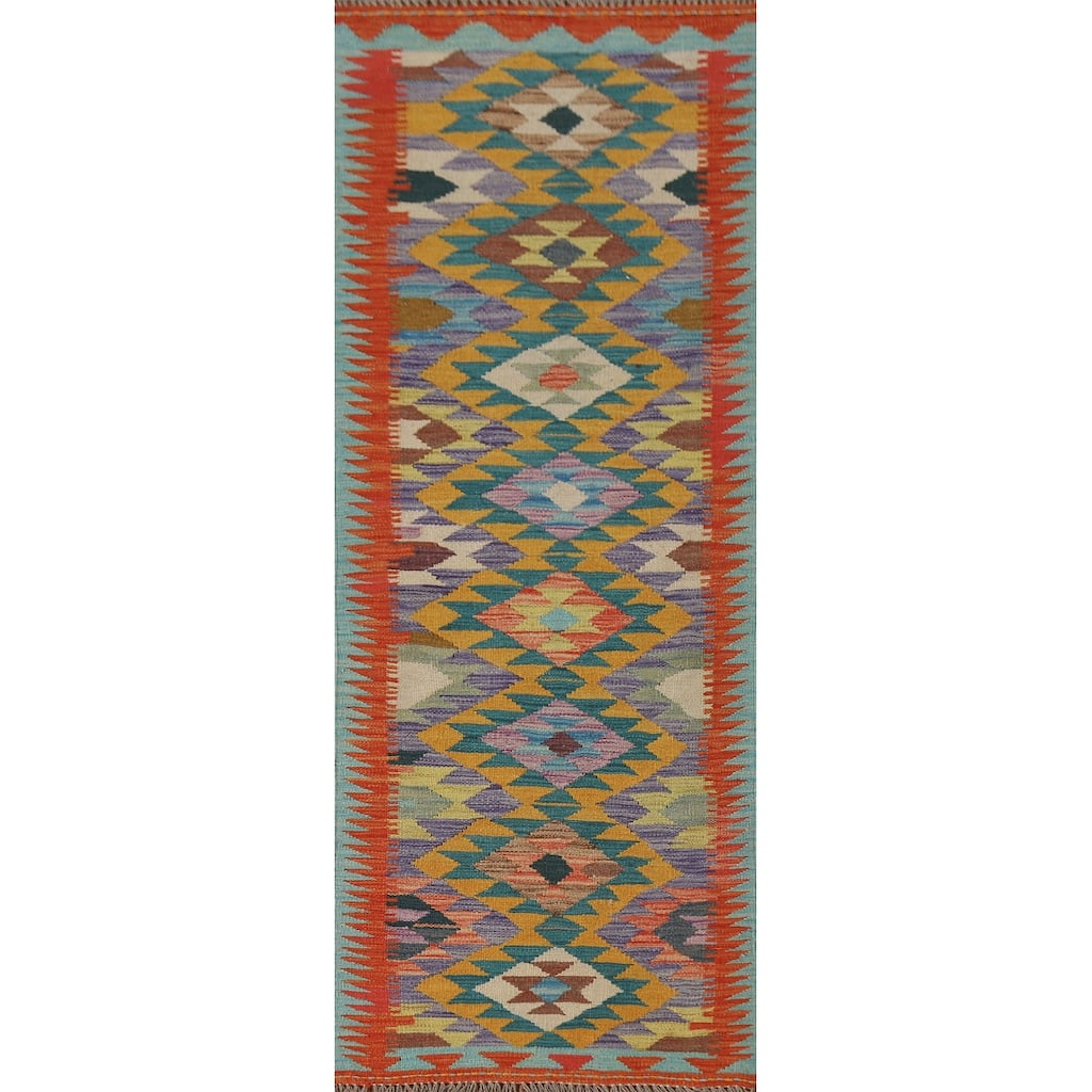 Geometric Kilim Runner Rug Flatweave Oriental Wool Carpet - 2'2"x 6'7"