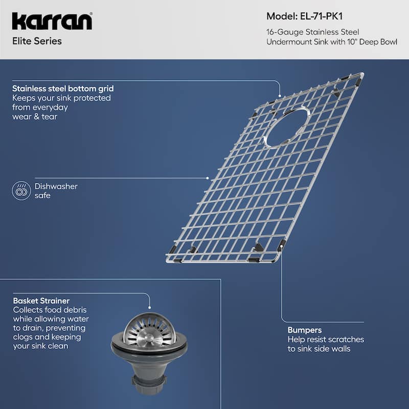 Karran Elite series 16 Gauge Stainless Steel 15 in. Undermount Bar Sink Kit