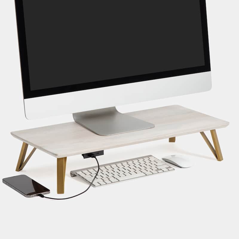Jani Wood Monitor Stand Riser Desk - Ergonomic Design Stand, Desktop Organizer Table for Home, Office Workspace, Gaming Desk - Off-White