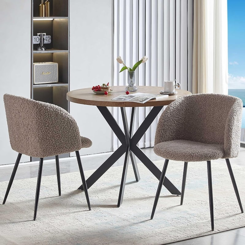 Howtai Round Dining Table Set with Fluffy Sherpa Arm Chairs Space Saving
