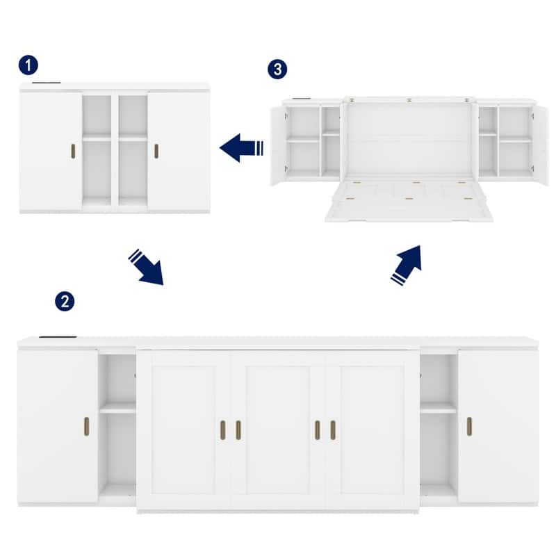 Full/Queen Size Murphy Bed with Shelves, Cabinets and USB Ports