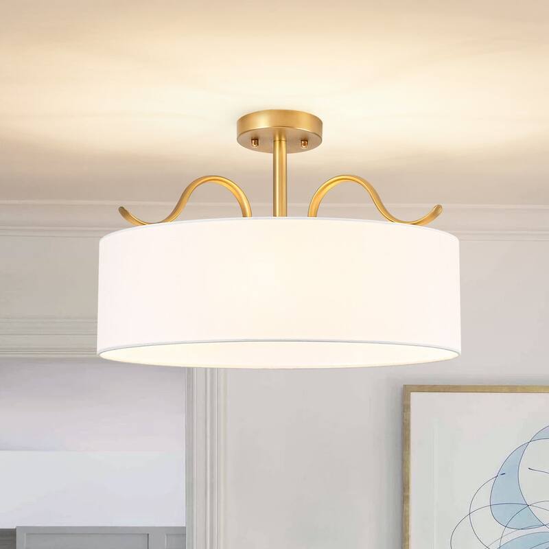 Versatile 3-Light Large Drum Fabric Lantern Semi Flush / Pendant Light - Brass