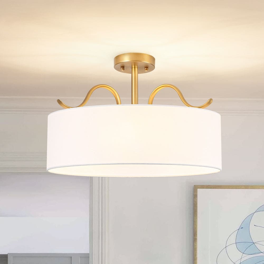 Versatile 3-Light Large Drum Fabric Lantern Semi Flush / Pendant Light