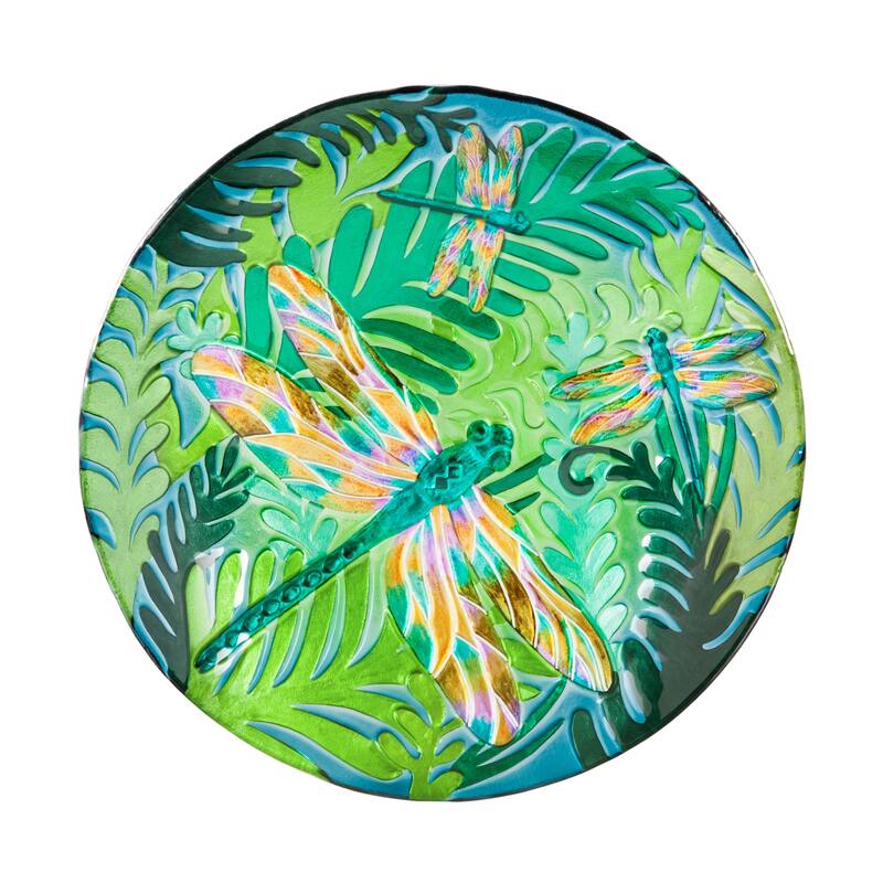 18 in. Iridescent Dragonfly Glass Bird Bath